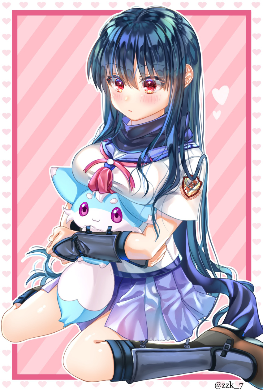 1girl :3 angel_beats! animal animal_hug black_hair black_socks blue_sailor_collar blue_skirt blush breast_hold breasts closed_mouth commentary_request commission company_connection crossed_arms crossover eyelashes eyes_visible_through_hair feet_out_of_frame fox hair_between_eyes happy heart highres holding holding_animal inari_(summer_pockets) kneehighs long_hair looking_down medium_breasts multiple_crossover neckerchief pink_background pink_neckerchief pleated_skirt red_eyes sailor_collar shiina_(angel_beats!) shinda_sekai_sensen_uniform shirt short_sleeves simple_background sitting skeb_commission skirt socks solo straight_hair summer_pockets twitter_username very_long_hair wariza white_shirt zuzuhashi