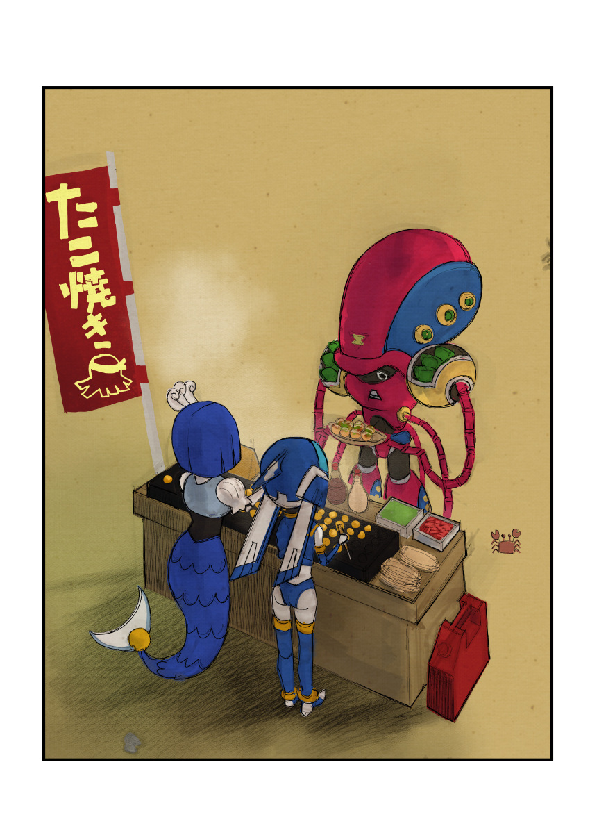 1boy 2girls absurdres android ass back benishouga black_eyes boots brown_background cooking crab crossover facial_mark feet_out_of_frame fins food food_stand full_body gasoline gloves helmet highres holding holding_food launch_octopus_(mega_man) leviathan_(mega_man) mayonnaise mega_man_(classic) mega_man_(series) mega_man_x_(series) mega_man_zero_(series) mermaid monster_girl moskau999 multiple_girls robot robot_girl sauce shadow splash_woman takoyaki takoyaki_pan tentacles thigh_boots thighhighs vegetable white_gloves