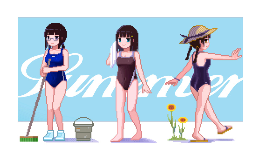 3girls absurdres arm_at_side bare_legs barefoot black_eyes black_hair black_one-piece_swimsuit blue_background blue_footwear blue_one-piece_swimsuit blunt_bangs bracelet breasts broom brown_eyes brown_headwear bucket cleaning closed_mouth commentary competition_school_swimsuit competition_swimsuit english_commentary english_text flip-flops flower full_body glasses green_eyes hair_tie hat highres holding holding_broom holding_towel jewelry long_hair looking_at_viewer looking_back multiple_girls new_school_swimsuit nino_berlin one-piece_swimsuit original outstretched_arms pixel_art ponytail sandals school_swimsuit semi-rimless_eyewear shadow shoes sidelocks small_breasts smile sneakers standing straw_hat summer sun_hat sunflower sweeping swimsuit towel twintails under-rim_eyewear yellow_flower