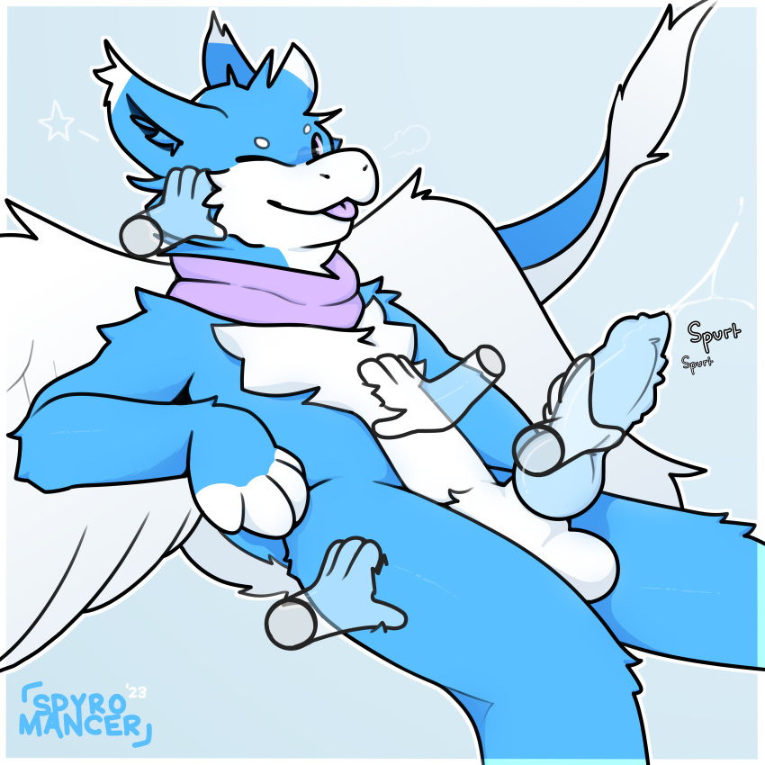 1:1 absurd_res anthro balls big_tail big_wings blep blue_body blue_fur bodily_fluids cum disembodied_hand dragon ejaculation erection fluffy fur fur_tuft genital_fluids genitals ghost_hands hand_on_face hand_on_leg hand_on_penis hand_on_thigh hi_res knot looking_at_viewer lying male mostly_nude nude one_eye_closed onomatopoeia penis sat scarf scarf_only solo sound_effects spyromancer tail text tongue tongue_out tuft white_body white_fur wings wink winking_at_viewer