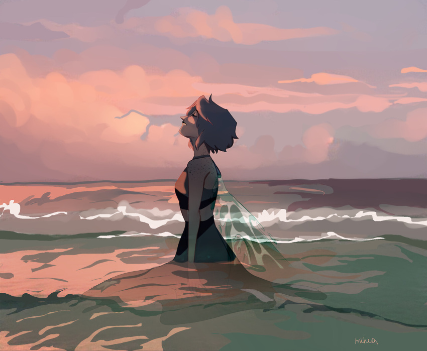 1girl blue_hair blue_skin blue_skirt body_freckles closed_eyes closed_mouth colored_skin dusk freckles lapis_lazuli_(steven_universe) micheamich ocean short_hair skirt solo steven_universe water_wings