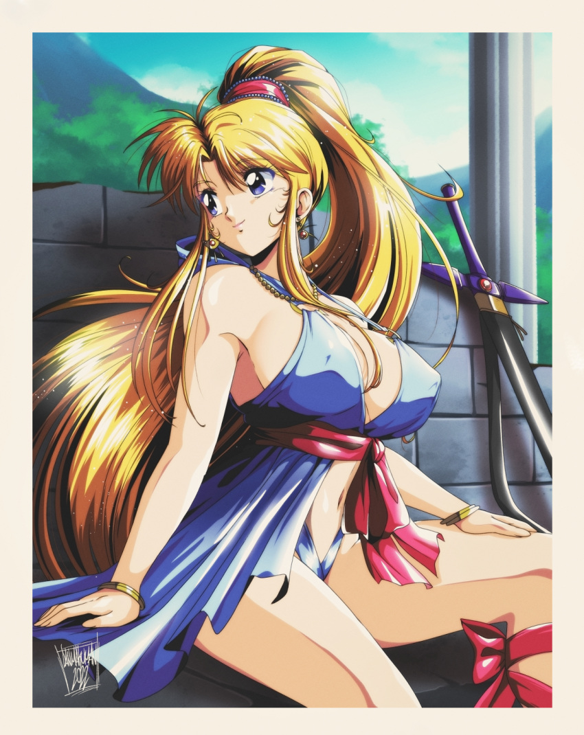 1girl blue_dress blue_eyes breasts caron_(rall) cream_lemon danmakuman dress earrings highres jewelry large_breasts long_hair navel ponytail red_ribbon retro_artstyle ribbon sf_choujigen_densetsu_rall sitting smile thighs very_long_hair wall weapon