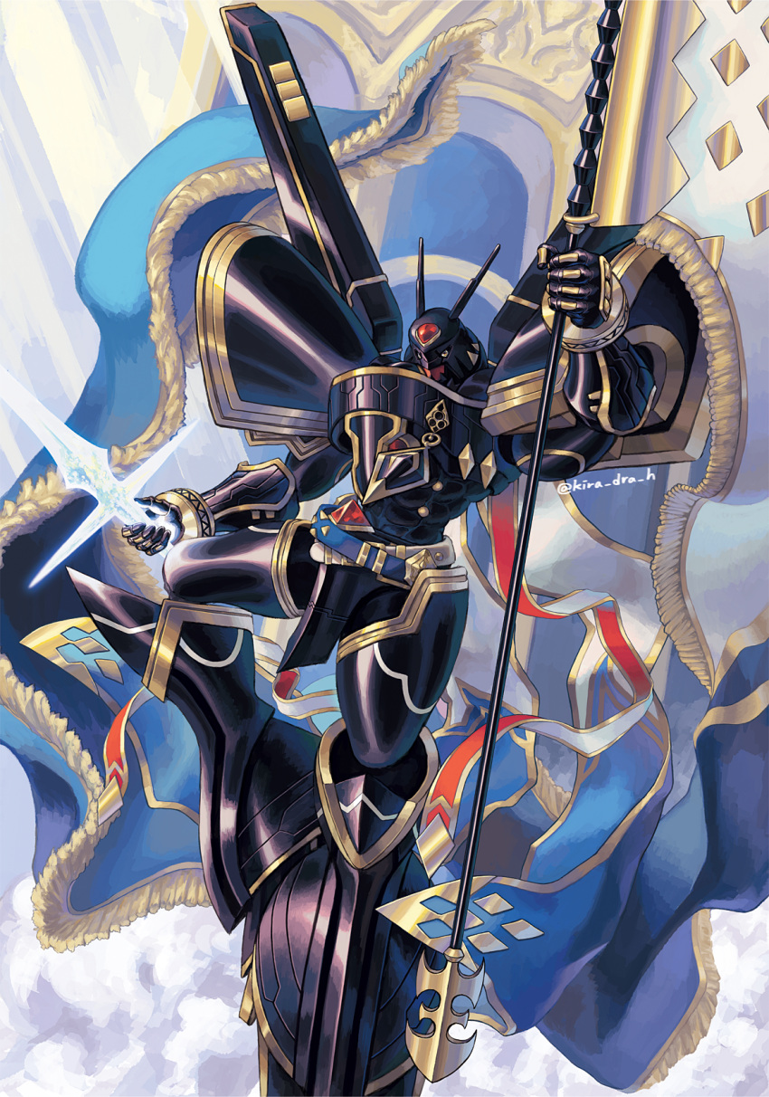 1other alphamon alphamon_ouryuken armor cape digicore digimon digimon_(creature) highres holding holding_polearm holding_weapon kira_(kira_dra) lance looking_at_viewer other_focus polearm solo weapon