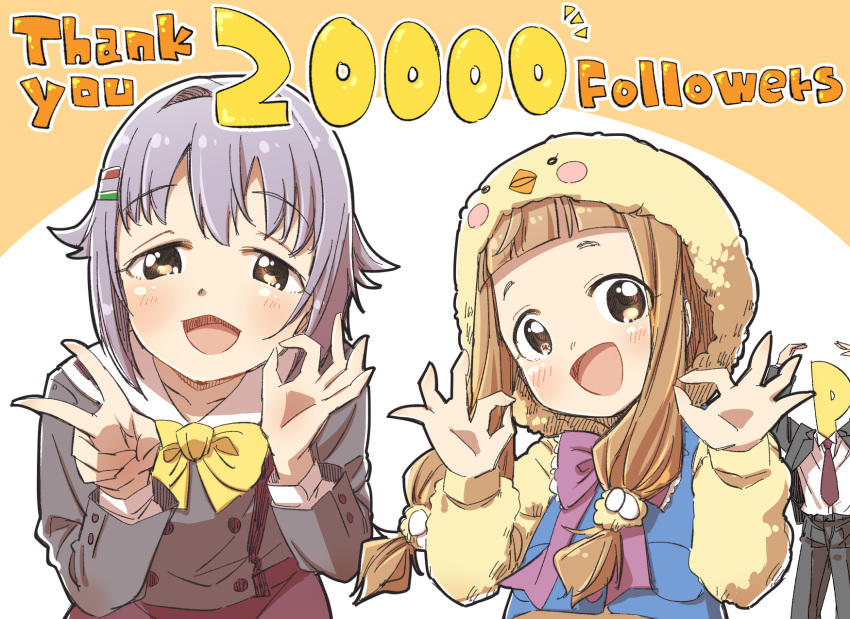 1other 2girls :d arms_up bird_costume bird_hood black_jacket blue_pants blush bow brown_background brown_eyes brown_hair brown_skirt collared_shirt finger_counting forehead grey_hair grey_jacket hair_flaps hair_intakes hair_ornament hairclip hands_up highres hood hood_up ichihara_nina idolmaster idolmaster_cinderella_girls jacket koshimizu_sachiko long_hair long_sleeves looking_at_viewer milestone_celebration multiple_girls necktie open_clothes open_jacket p-head_producer pants producer_(idolmaster) red_necktie shirt short_eyebrows skirt smile suit thank_you thick_eyebrows two-tone_background very_long_hair white_background white_shirt yellow_bow yukie_(kusaka_shi)