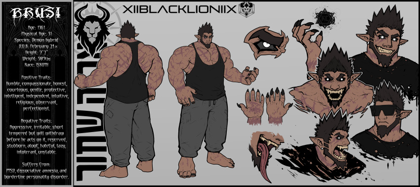 1boy absurdres ass bara beard black_sclera black_tank_top brusi_(iixblacklionxii) colored_sclera crazy_smile dark-skinned_male dark_skin demon_boy expressions facial_hair feet_out_of_frame full_body glowing glowing_eyes grey_pants grin highres iixblacklionxii large_hands large_pectorals long_tongue looking_at_viewer male_focus mature_male muscular muscular_male nipples no_genitals original pants pectoral_cleavage pectorals pointy_ears reference_sheet scar scar_on_arm scar_on_chest short_hair sideburns sidepec smile standing stomach strongman_waist sunglasses tank_top thick_eyebrows tongue towel towel_around_neck umbrakinesis yellow_eyes