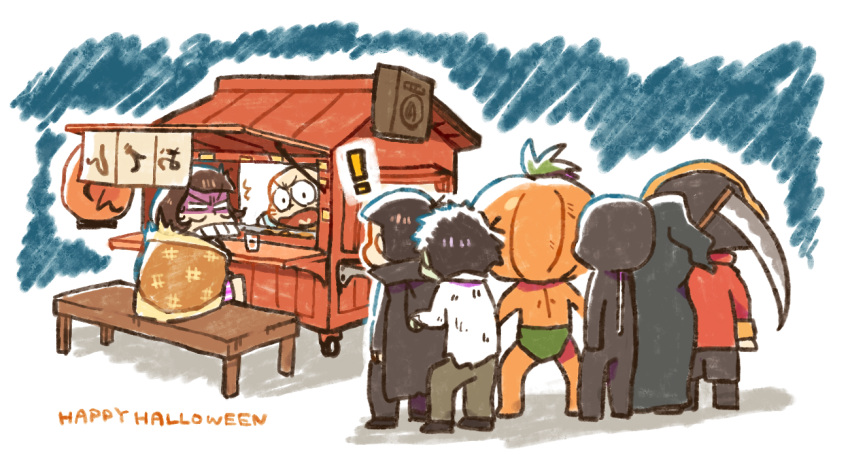 ! 6+boys blanket brothers chibita cosplay death_(entity) food_stand grim_reaper grim_reaper_(cosplay) halloween_costume happy_halloween iyami kuri_(shibimame) male_focus male_underwear matsuno_choromatsu matsuno_ichimatsu matsuno_jyushimatsu matsuno_karamatsu matsuno_osomatsu matsuno_todomatsu multiple_boys osomatsu-san pirate_costume scythe sextuplets siblings underwear zipper zombie_costume