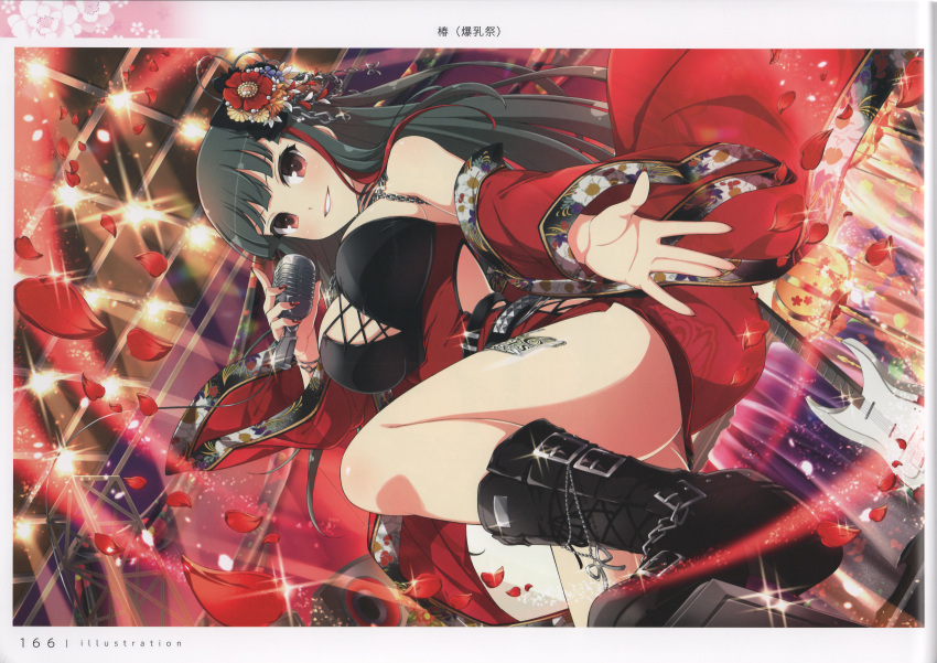 1girl absurdres ankle_boots black_hair boots breasts electric_guitar floral_print guitar highres holding instrument large_breasts long_hair looking_at_viewer microphone official_art page_number parted_lips petals red_eyes scan senran_kagura senran_kagura_new_link shiny_skin simple_background smile solo thighs wide_sleeves yaegashi_nan
