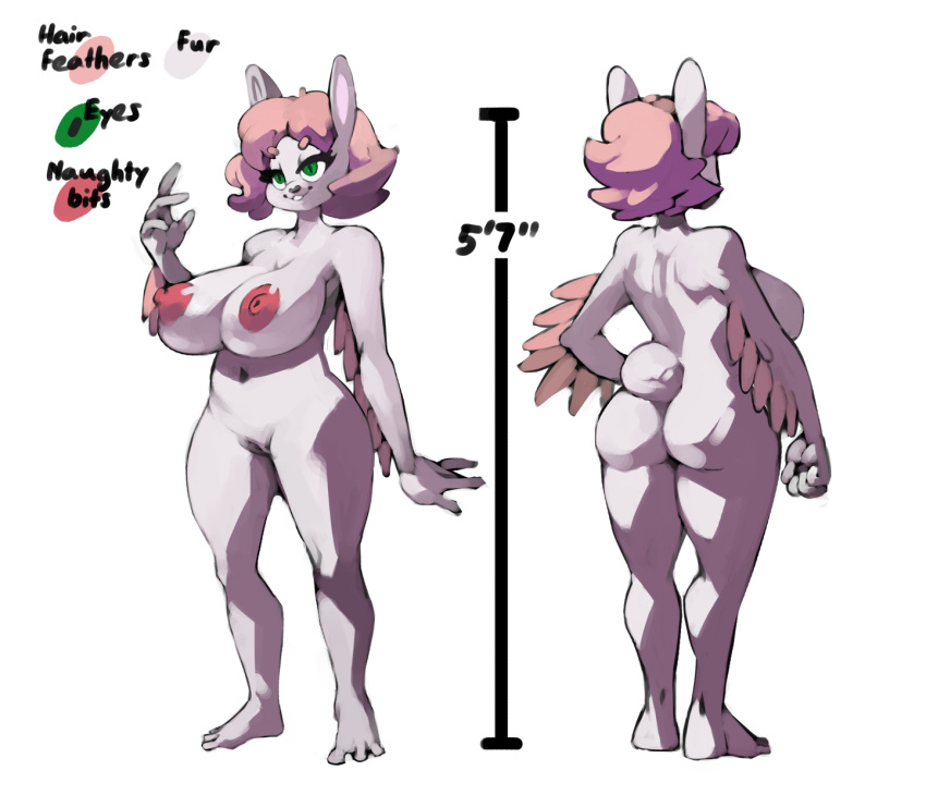 anthro avian big_breasts bittenhard breasts feathers female green_eyes hair hi_res hybrid lagomorph leporid mammal model_sheet pink_hair rabbit solo solo_focus