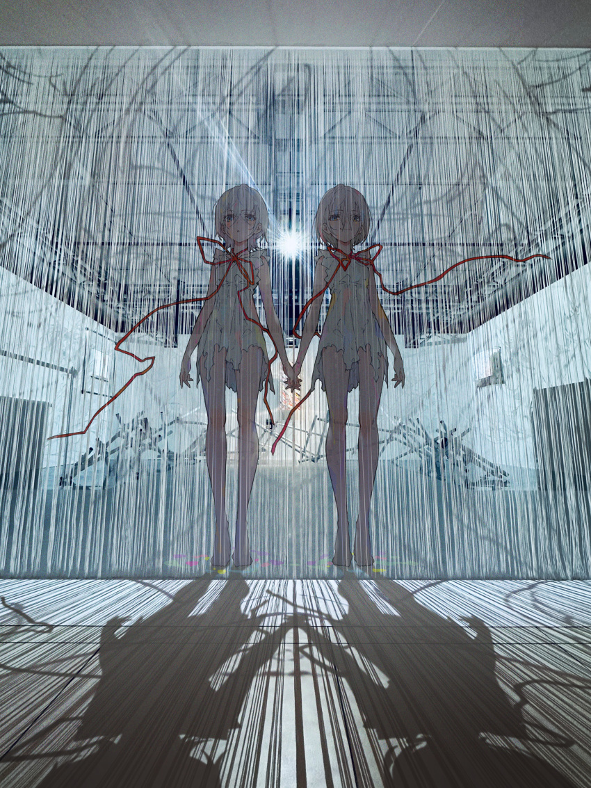 2girls absurdres backlighting bare_arms barefoot blue_eyes closed_mouth commentary_request dress grey_hair hair_between_eyes highres mika_pikazo multiple_girls original red_ribbon ribbon shadow short_hair smile standing torn_clothes torn_dress white_dress