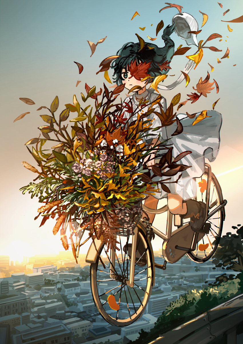 1girl absurdres baseball_cap bicycle black_eyes black_hair boots bouquet braid brown_footwear city closed_mouth commentary day dress english_commentary expressionless falling_leaves hat highres horizon leaf long_hair midair myango_(applemangocrape) one_eye_covered original outdoors railing riding riding_bicycle scarf short_sleeves sky solo sunrise tree white_dress white_headwear white_scarf