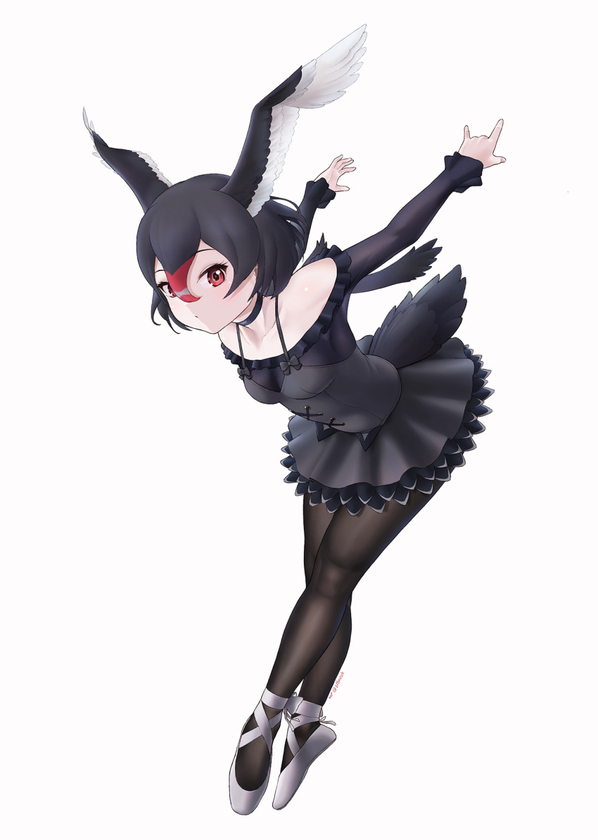 1girl ballet ballet_slippers beleven bird_girl bird_tail bird_wings black_hair black_pantyhose black_shirt black_skirt black_swan_(kemono_friends) collar collarbone dancing frilled_collar frilled_skirt frills hair_between_eyes head_wings highres kemono_friends long_sleeves looking_at_viewer orange_eyes pantyhose pleated_skirt red_hair shirt short_hair skirt solo swan_girl tail white_footwear wings