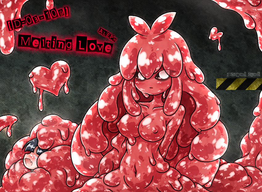 1girl antenna_hair black_sclera breasts cambrian_(chemicambrian) character_name colored_sclera commentary_request employee_(lobotomy_corporation) heart lobotomy_corporation long_hair medium_breasts melting_love monster_girl navel nipples parted_lips project_moon slime_(substance) slime_girl white_eyes