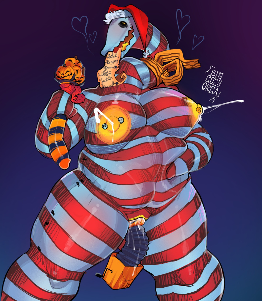 anthro areola big_breasts bigcozyorca bodily_fluids breasts candy candy_cane dessert female food food_creature front_view genital_fluids hi_res huge_breasts jack-o'-lantern jack_in_the_box lactating list living_candy long_neck looking_at_viewer milk monster nipple_piercing nipples nude object_in_pussy overweight overweight_anthro overweight_female paper piercing pussy_juice solo standing yellow_areola yellow_nipples