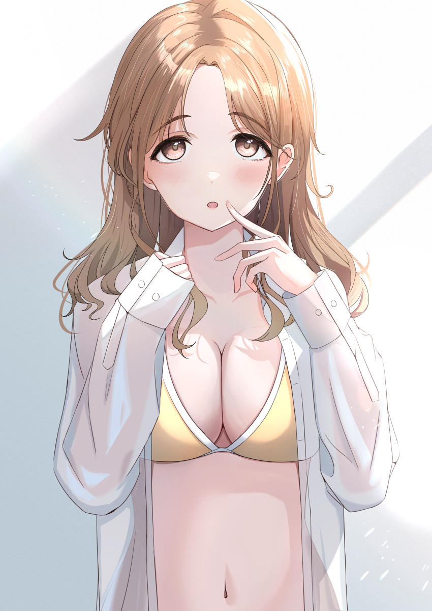 1girl :o absurdres blush bra breasts cleavage collarbone commentary highres ichikawa_hinana idolmaster idolmaster_cinderella_girls light_brown_hair looking_at_viewer medium_breasts navel open_clothes open_shirt parted_bangs see-through see-through_shirt shirt sikimosh solo underwear upper_body white_shirt yellow_bra