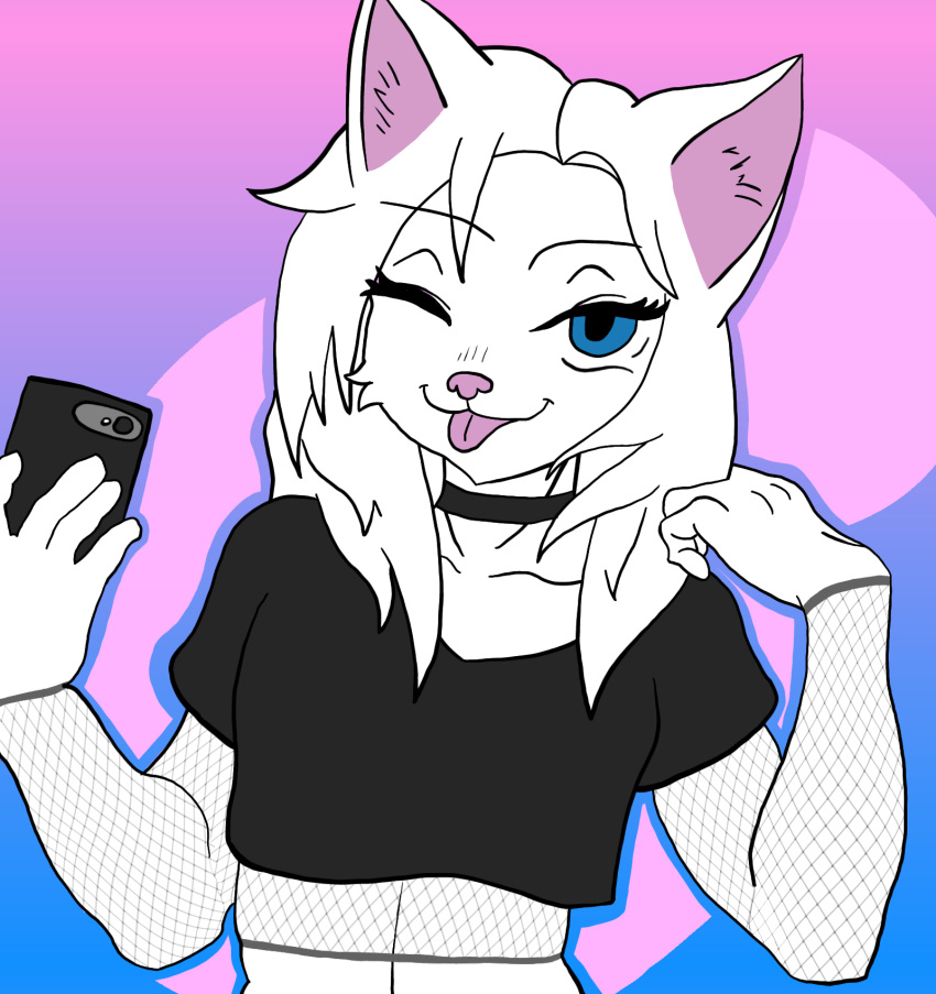 anthro blue_eyes choker clothing crop_top dakota_(yeetboi420z) fishnet girly hair hand_in_hair hi_res jewelry male necklace one_eye_closed selfie shirt simple_background solo tongue tongue_out topwear touching_hair white_body white_hair wink yeetboi420z