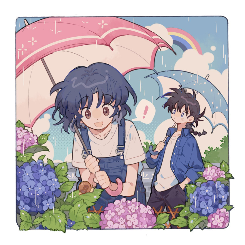 1boy 1girl animal black_hair blue_shirt brown_eyes flower highres holding holding_umbrella open_mouth pink_flower plant rain rainbow ranma_1/2 saotome_ranma shirt short_hair siyer_(siyeyeyeyer) snail tendou_akane umbrella