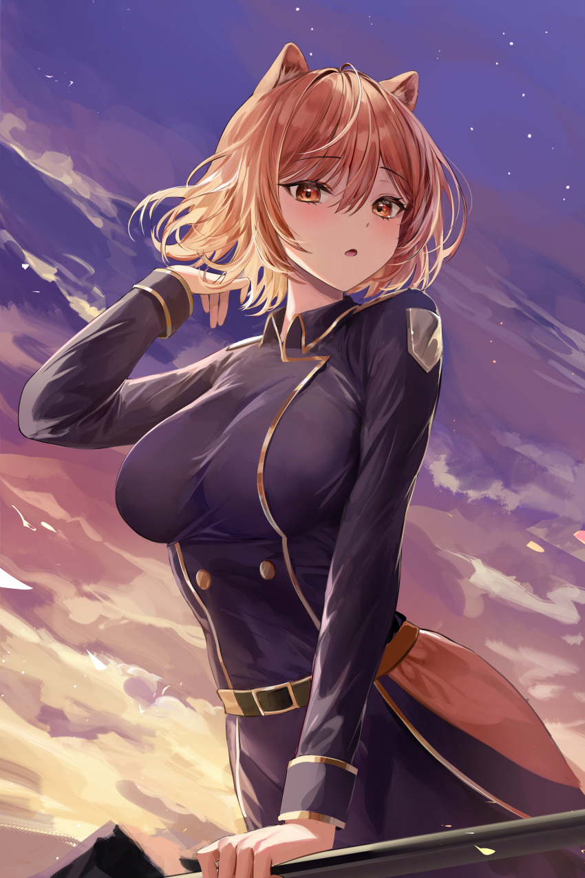 1girl absurdres animal_ears belt black_shirt breasts buttons cat_ears collared_shirt double-breasted gold_trim hair_between_eyes hand_up highres large_breasts lillly long_sleeves looking_at_viewer open_mouth orange_hair original outdoors red_eyes shirt short_hair solo