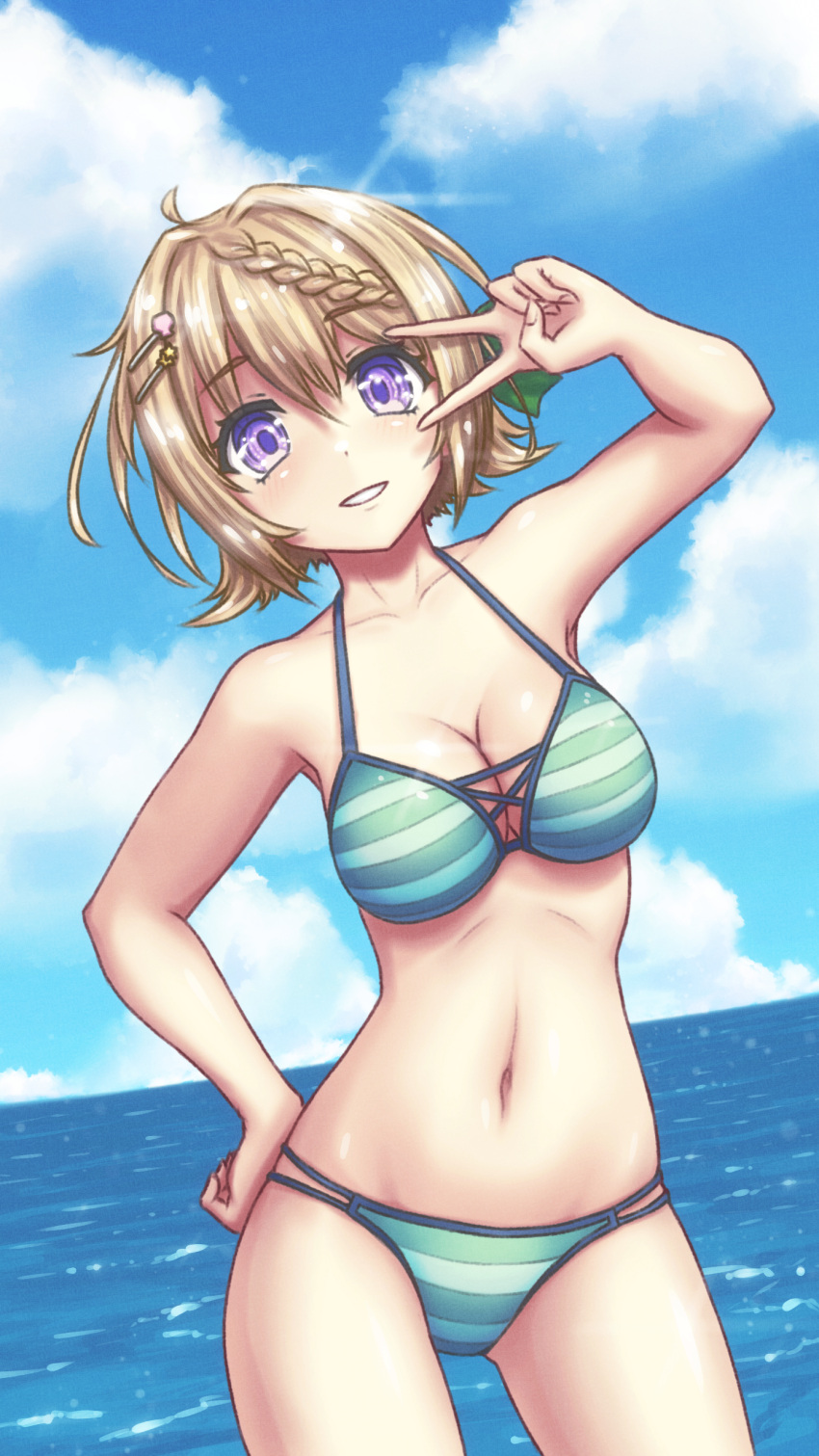 1girl absurdres bikini blonde_hair blue_sky braid braided_bangs breasts cloud cowboy_shot day green_bikini hair_between_eyes hair_ornament hairclip hand_on_own_hip highres kantai_collection looking_at_viewer medium_breasts navel ocean official_alternate_costume outdoors perth_(kancolle) purple_eyes sky smile solo standing striped striped_bikini swimsuit v vorisar