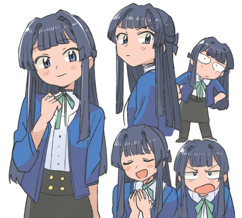 1girl angry black_hair black_skirt blue_cardigan blue_eyes blush buttons cardigan closed_eyes constricted_pupils dot_pupils green_ribbon hand_up hands_on_own_chest hands_on_own_hips idolmaster idolmaster_million_live! long_hair long_sleeves looking_at_viewer mogami_shizuka multiple_views open_mouth ribbon shirt sidelocks skirt smile tsubobot upper_body v-shaped_eyebrows white_shirt