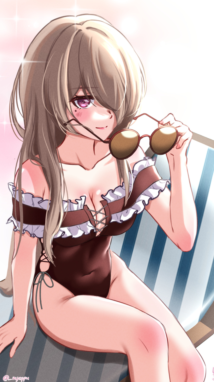 1girl absurdres arm_support bare_shoulders blush breasts brown-tinted_eyewear brown_hair brown_one-piece_swimsuit chair cleavage closed_mouth collarbone frilled_one-piece_swimsuit frills hair_over_one_eye hand_up highres holding holding_eyewear honkai_(series) honkai_impact_3rd lounge_chair medium_breasts mole mole_under_eye nyeppu on_chair one-piece_swimsuit purple_eyes red-framed_eyewear rita_rossweisse smile solo sunglasses swimsuit tinted_eyewear