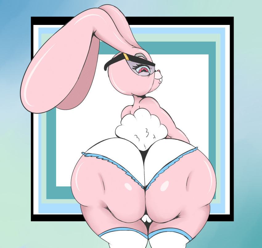 anthro big_butt black_pupils buckteeth butt camel_toe cartoon_network clothing eyewear female glasses hi_res huge_butt joanna_watterson lagomorph legwear leporid looking_at_viewer looking_back mammal neom-daddy pink_body pupils rabbit red_eyes solo teeth the_amazing_world_of_gumball thick_thighs thigh_highs wide_hips