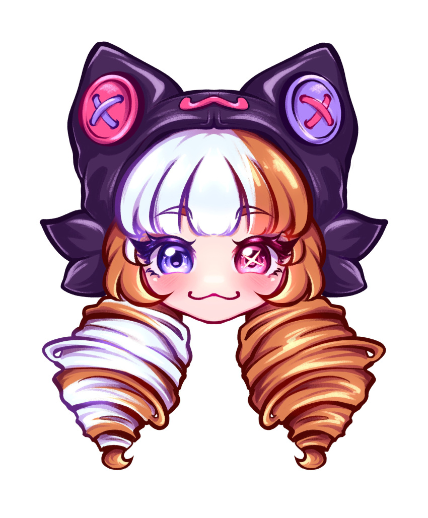 1girl :3 absurdres black_hood blush brown_hair buttons cropped_head drill_hair gwen_(league_of_legends) heterochromia highres kimi_(pumpkimmi) league_of_legends multicolored_hair pink_eyes red_eyes simple_background smile solo soul_fighter_gwen twin_drills twintails two-tone_hair white_background white_hair