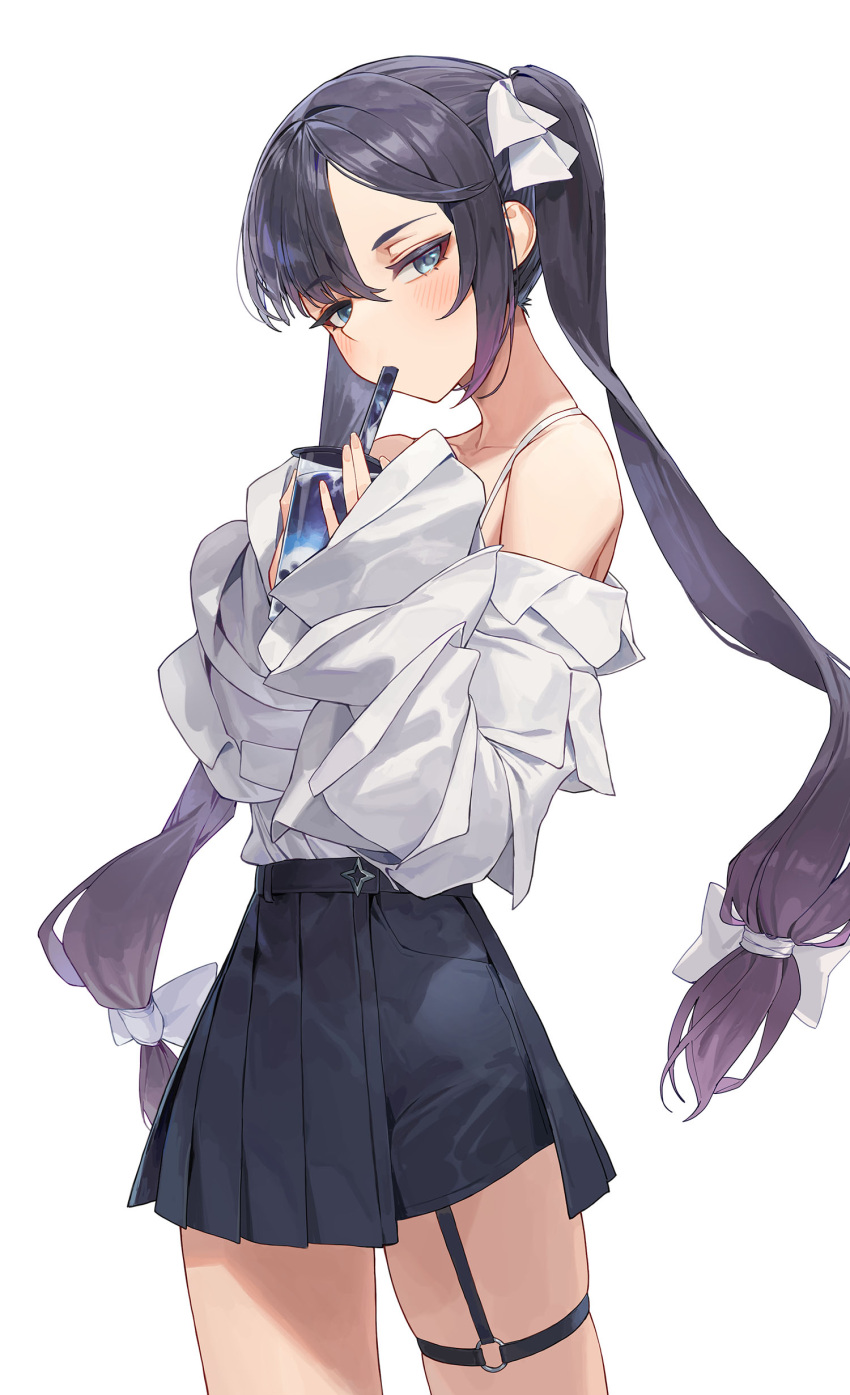 1girl absurdres alternate_costume aqua_eyes black_hair black_skirt blush bubble_tea casual cotta_(heleif) cup disposable_cup drinking_straw genshin_impact highres holding holding_cup long_hair looking_at_viewer miniskirt mona_(genshin_impact) off_shoulder shirt shirt_tucked_in simple_background skirt solo thigh_strap twintails very_long_hair white_background white_shirt