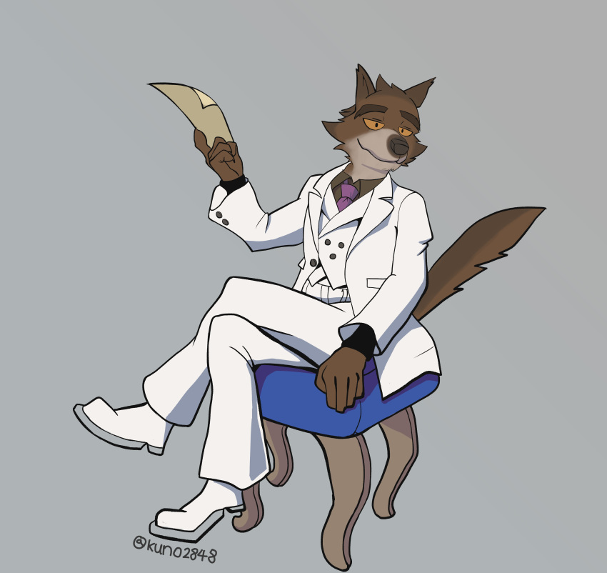 absurd_res anthro bent_legs brown_body brown_fur canid canine canis chair clothed clothing crossed_legs dreamworks fur furniture hi_res kuno2848 leg_over_thigh looking_at_viewer male mammal mr._wolf_(the_bad_guys) simple_background sitting solo the_bad_guys wolf