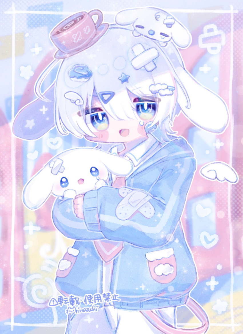 1boy animal animal_ears animal_on_head bandage_on_hair bandages bandaid bandaid_on_arm bandaid_on_clothes bandaid_on_face blue_eyes blue_jacket blush_stickers cinnamon_roll cinnamoroll cloud cloud_hair_ornament collared_shirt commentary cowboy_shot crossed_bandaids cup detached_wings dog dog_ears drink droopy_ears food food-themed_hair_ornament hair_ornament hairclip heart highres holding holding_animal hood hooded_jacket humanization jacket male_focus milk_(sanrio) minazuki_lein mug necktie on_head open_clothes open_jacket open_mouth pants pastel_colors pastry personification pink_necktie plate puppy sanrio shirt short_hair signature solo sparkle star_(symbol) star_hair_ornament teardrop tearing_up tears translation_request white_hair white_pants white_shirt white_wings wing_hair_ornament wings