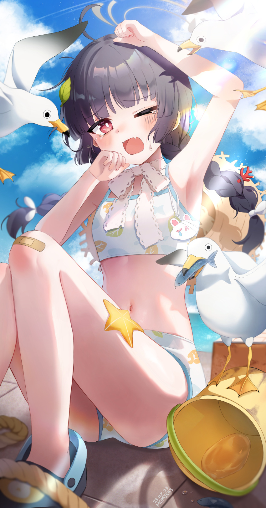 1girl absurdres ahoge arm_up armpits artist_name bandaid bandaid_on_knee bandaid_on_leg bikini bird black_footwear black_hair blue_archive blue_sky blush braid bucket cloud commentary crocs dated day fangs halo hat highres knees_up leaf leaf_on_head leaf_print long_hair looking_at_viewer m0_0m_c miyu_(blue_archive) miyu_(swimsuit)_(blue_archive) navel official_alternate_costume one_eye_closed open_mouth outdoors print_bikini red_eyes seagull sitting skin_fangs sky solo starfish stomach straw_hat swimsuit tearing_up tears twin_braids white_bikini
