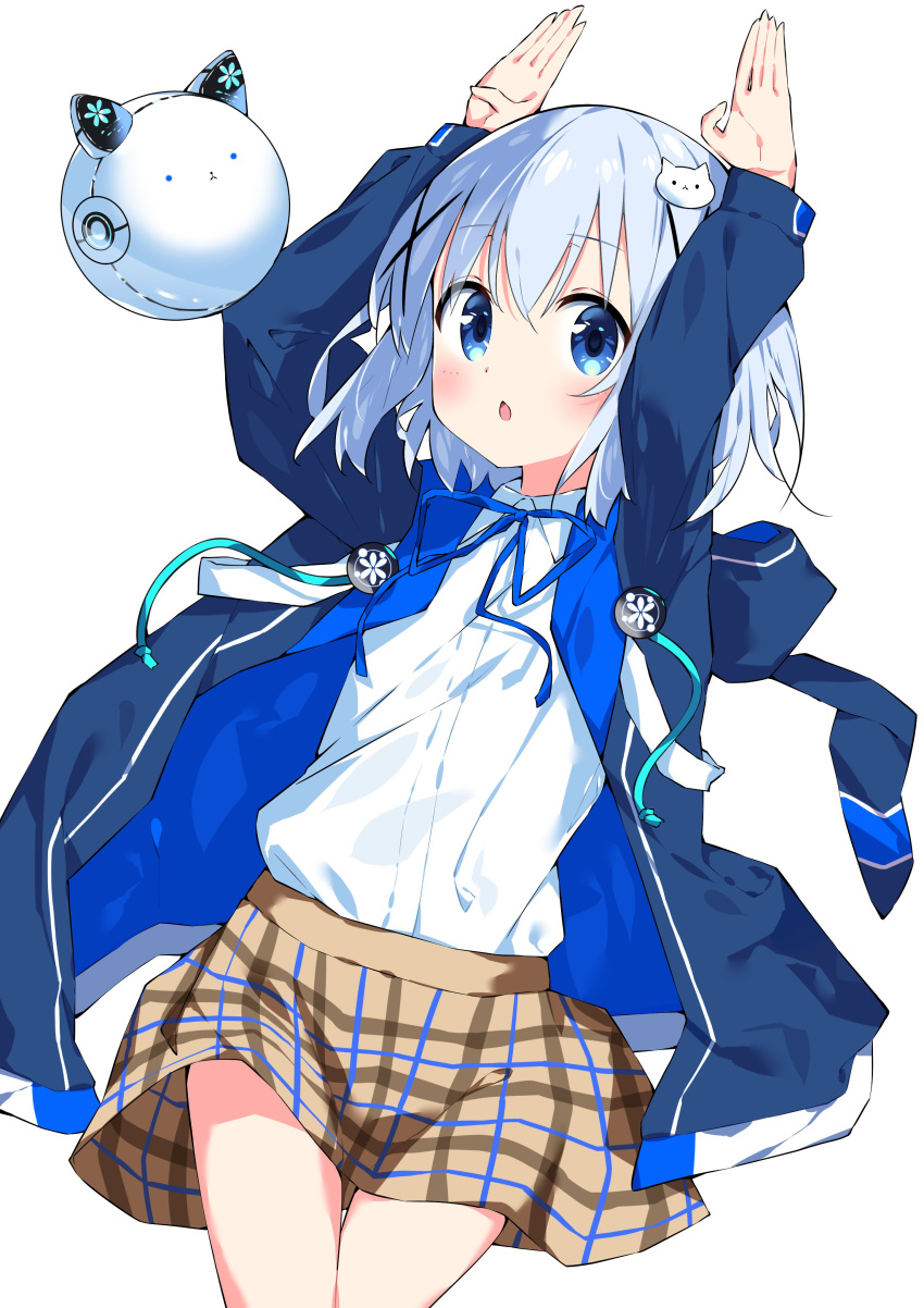 1girl absurdres animal_ears animal_hood blue_eyes blue_hair blue_jacket blue_ribbon brown_skirt character_hair_ornament chestnut_mouth clockwork_rabbit collared_shirt commentary_request dress_shirt fake_animal_ears gochuumon_wa_usagi_desu_ka? hair_between_eyes hair_ornament highres hood hood_down hooded_jacket jacket kafuu_chino long_sleeves looking_at_viewer neck_ribbon open_clothes open_jacket parted_lips plaid plaid_skirt puffy_long_sleeves puffy_sleeves rabbit_ears rabbit_hood ribbon robot school_uniform shirt simple_background skirt solo suta0822 white_background white_shirt x_hair_ornament