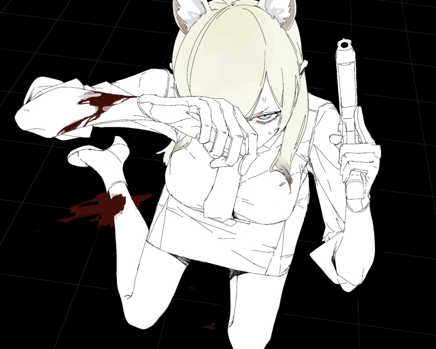 1girl animal_ear_fluff animal_ears bags_under_eyes black_background blonde_hair blood blood_on_arm blood_on_leg blue_archive blue_eyes boots breasts glaring gloves grid_background gun hand_over_face hand_up handgun high_heel_boots high_heels highres holding holding_gun holding_weapon injury kanna_(blue_archive) kawatiw kneeling large_breasts long_hair looking_at_viewer looking_up necktie one_eye_covered partially_colored pencil_skirt sanpaku skirt sleeves_rolled_up solo sweat trigger_discipline v-shaped_eyebrows weapon