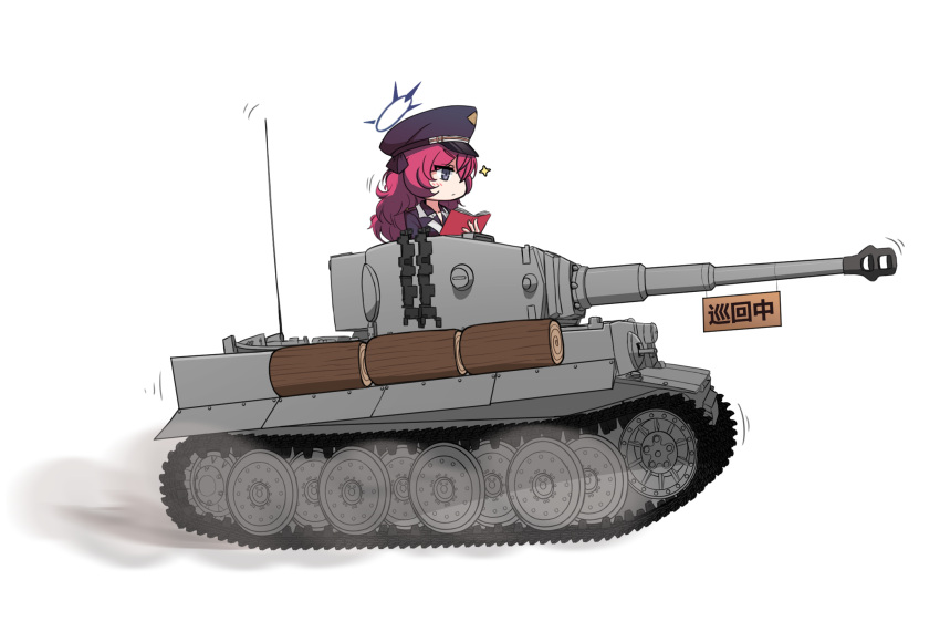 1girl black_coat black_headwear blue_archive blue_headwear blue_jacket book caterpillar_tracks coat commentary_request facing_away grey_eyes hair_between_eyes halo hat highres holding holding_book iroha_(blue_archive) jacket lapels log long_hair long_sleeves looking_away military military_vehicle motor_vehicle multicolored_clothes multicolored_jacket nanju_bami necktie on_vehicle open_clothes open_coat peaked_cap radio_antenna red_hair riding sidelocks simple_background smoke solo tank tiger_i turret two-tone_headwear two-tone_jacket vehicle_focus wavy_hair white_background white_jacket