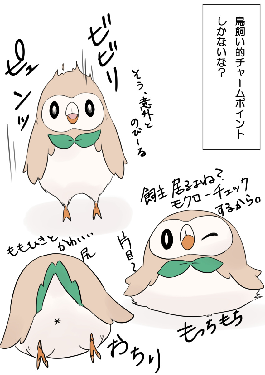 animal animal_focus beak bird bow bowtie brown_feathers closed_mouth feathers green_bow green_bowtie highres jvhg7723 looking_back lying multiple_views on_stomach one_eye_closed open_mouth owl pokemon pokemon_(creature) rowlet simple_background surprised talons translation_request white_background white_feathers x_anus