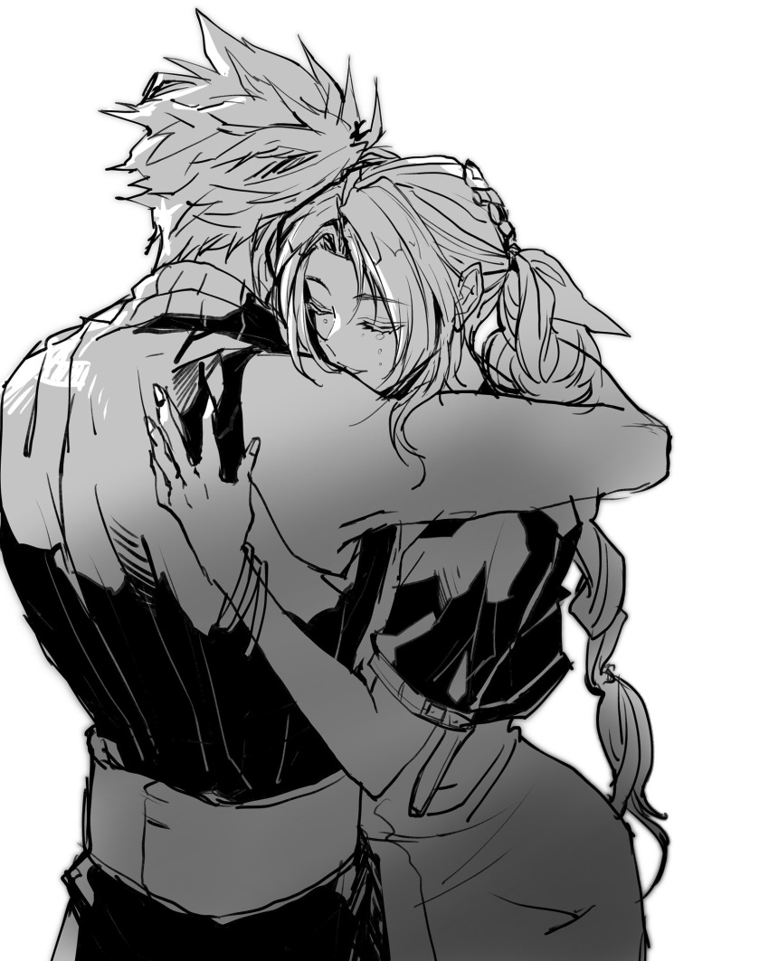 1boy 1girl aerith_gainsborough bangle belt bracelet braid braided_ponytail closed_eyes cloud_strife commentary_request couple cropped_jacket crying eni_(yoyogieni) final_fantasy final_fantasy_vii final_fantasy_vii_remake greyscale hair_ribbon hand_on_another's_head hand_on_another's_shoulder hetero highres hug jewelry long_hair monochrome parted_bangs parted_lips ribbon short_hair short_sleeves sidelocks single_braid sketch sleeveless sleeveless_turtleneck smile spiked_hair tears turtleneck upper_body wavy_hair white_background