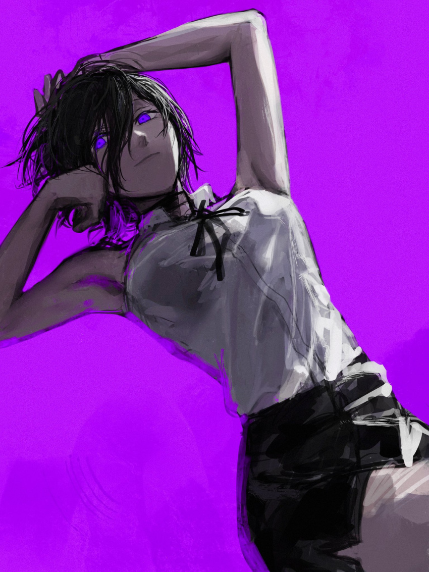 1girl armpits arms_up black_hair chainsaw_man collared_shirt hair_between_eyes highres looking_at_viewer purple_background purple_eyes purple_theme raberu_ruru reze_(chainsaw_man) shirt short_hair simple_background sleeveless sleeveless_shirt solo white_shirt