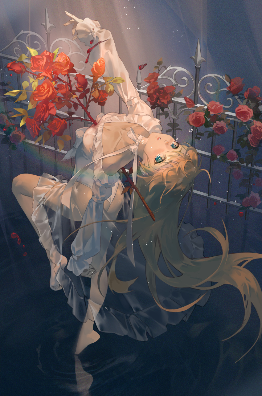 1girl absurdres barefoot blonde_hair blood blood_on_clothes blue_eyes bow breasts cleavage collarbone commentary crying crying_with_eyes_open dress dress_bow english_commentary fence film_grain floating_hair flower full_body hair_between_eyes head_tilt highres impaled iron_fence ironwork jyuma legs light_particles long_hair long_sleeves looking_at_viewer looking_back neck_ribbon original parted_lips rainbow red_flower red_rose ribbon rose see-through see-through_dress sleeves_past_wrists small_breasts solo standing standing_on_liquid standing_on_one_leg tears tiptoes very_long_hair water white_bow white_dress white_ribbon