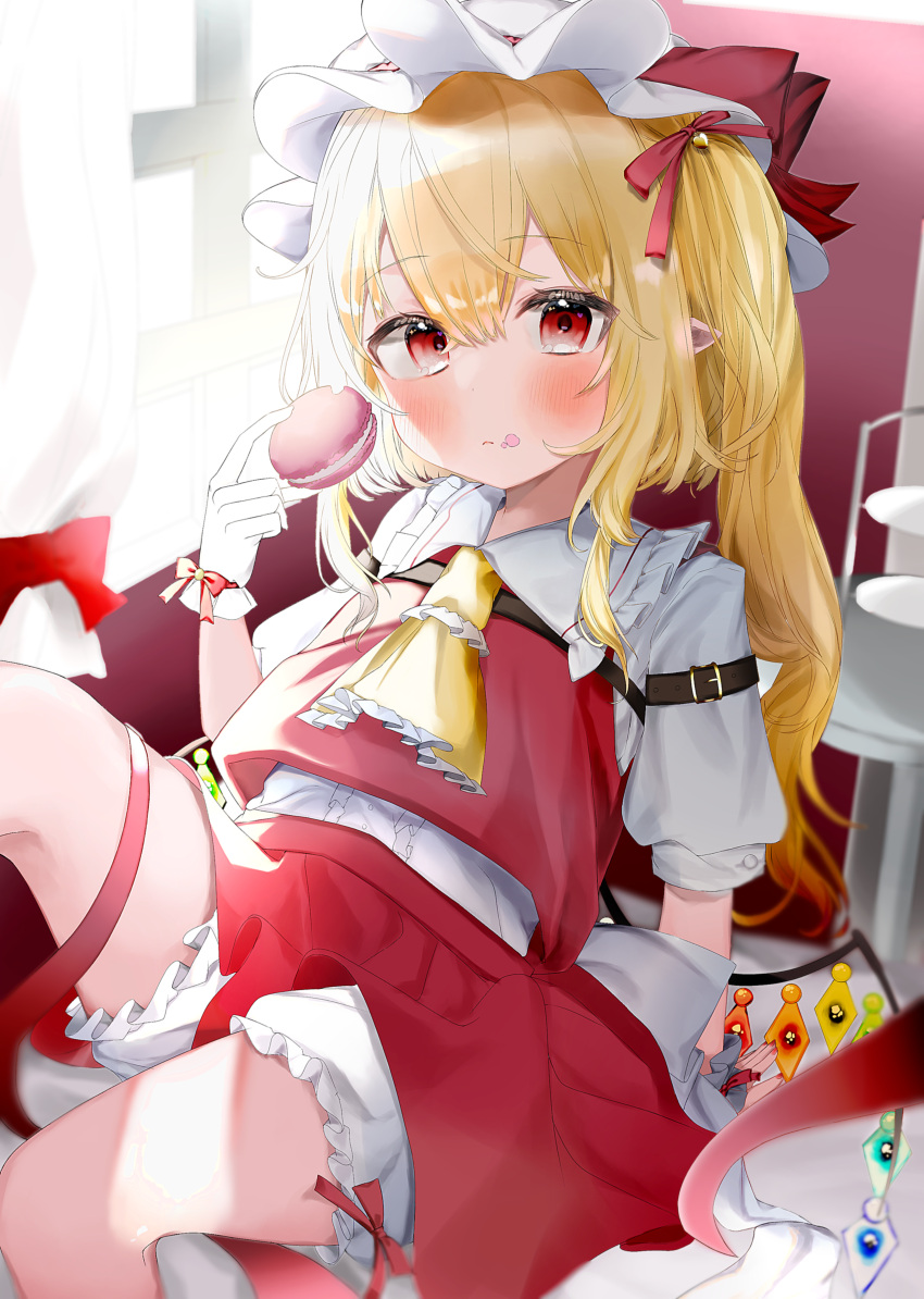 1girl absurdres ascot bloomers blush center_frills crystal expressionless feet_out_of_frame flandre_scarlet flat_chest food food_on_face frilled_shirt_collar frills hair_between_eyes hair_ornament hat heart heart_hair_ornament highres holding holding_food indoors leaning_back long_hair low_wings mob_cap nano_(nazuna0512) on_bed one_side_up overexposure pointy_ears puffy_short_sleeves puffy_sleeves red_eyes red_skirt red_vest short_sleeves sidelighting skirt skirt_set solo touhou underwear vest window wings yellow_ascot