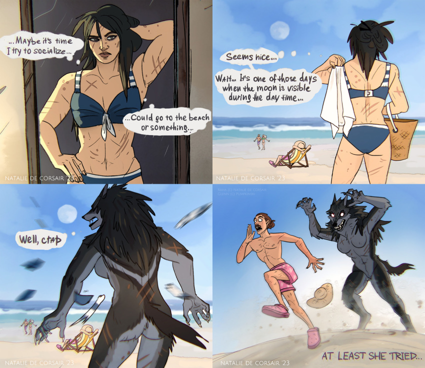 2023 5_fingers abs anthro back_scar bag beach beach_chair big_breasts bottomwear breasts butt canid canine canis chasing claws clothed clothing comic digital_media_(artwork) english_text facial_hair facial_scar featureless_breasts featureless_crotch female fingers footwear fur glowing glowing_eyes hair hat headgear headwear human leg_scar male mammal midriff mustache natalie_de_corsair open_mouth outside pink_clothing pink_footwear pink_swimming_trunks pink_swimwear raha_(natalie_de_corsair) running sand scar seaside sky straw_hat swimming_trunks swimwear teeth text thigh_scar thought_bubble topwear torn_clothing water were werecanid werecanine werewolf wolf