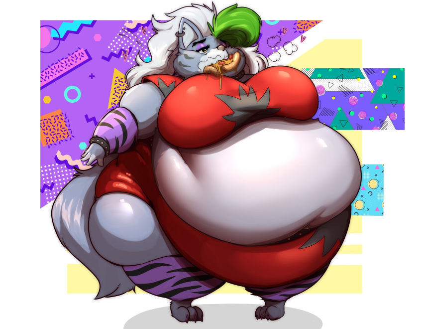 2023 animatronic anthro belly big_belly big_breasts bracelet breasts canid canine canis clothed clothing collar ear_piercing eyeshadow female five_nights_at_freddy's five_nights_at_freddy's:_security_breach food fur garuda_six green_hair grey_body grey_fur hair half-closed_eyes hi_res huge_belly jewelry love_handles machine makeup mammal morbidly_obese morbidly_obese_anthro morbidly_obese_female multicolored_hair narrowed_eyes obese obese_anthro obese_female one_eye_closed overweight overweight_anthro overweight_female piercing pizza pizza_in_mouth robot roxanne_wolf_(fnaf) scottgames solo spiked_bracelet spiked_collar spikes steel_wool_studios white_hair wolf yellow_eyes