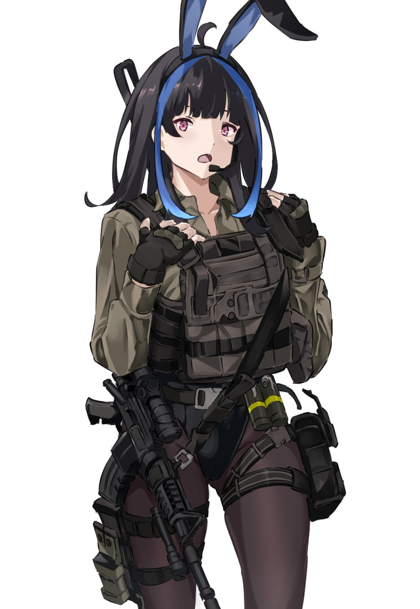 1girl animal_ears assault_rifle black_corset black_gloves black_hair black_pantyhose character_request chest_rig corset fake_animal_ears girls'_frontline gloves green_jacket gun highres jacket long_sleeves military_uniform multicolored_hair mutugorou_u pantyhose pink_eyes playboy_bunny rifle solo streaked_hair uniform weapon white_background