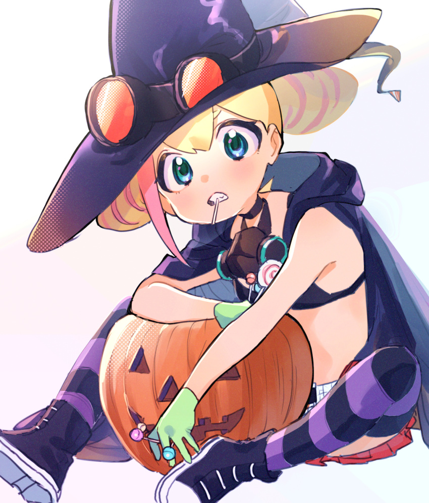 belt black_bra black_cape black_footwear blonde_hair bra candy cape double_bun flat_chest food gloves goggles goggles_on_headwear green_eyes green_gloves hair_bun halloween hat highres holding holding_candy holding_food holding_lollipop hood hood_down jack-o'-lantern kouhara_yuyu lollipop looking_at_viewer lucia_fex multicolored_hair pink_hair plaid plaid_skirt promare red_skirt respirator simple_background single_sidelock sitting skirt striped striped_thighhighs swirl_lollipop thighhighs underwear white_background white_belt witch_hat