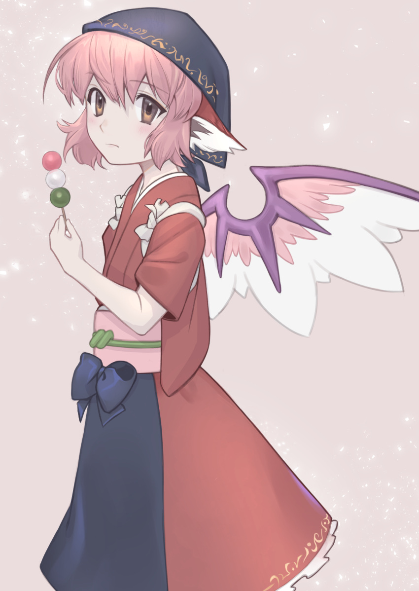 1girl animal_ears bird_ears bird_wings black_headwear brown_eyes brown_kimono cheshikk closed_mouth dango food from_side hair_between_eyes head_scarf highres holding holding_food japanese_clothes kimono mystia_lorelei okamisty pink_hair sanshoku_dango short_hair short_sleeves solo touhou wagashi white_wings wings