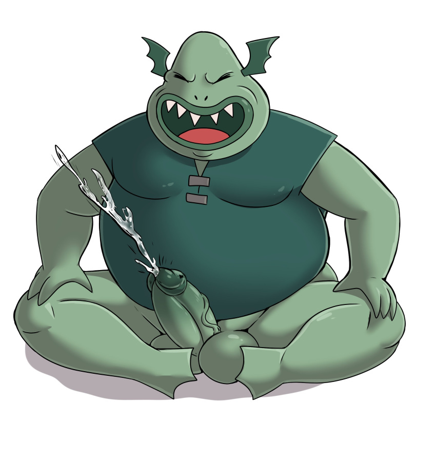 absurd_res amphibian anthro balls bodily_fluids bottomless bottomless_anthro bottomless_male buff_frog clothed clothing cum disney frog genital_fluids genitals hi_res humanoid_genitalia humanoid_penis male ofstrial overweight overweight_anthro overweight_male penis simple_background solo star_vs._the_forces_of_evil teeth vein veiny_penis white_background