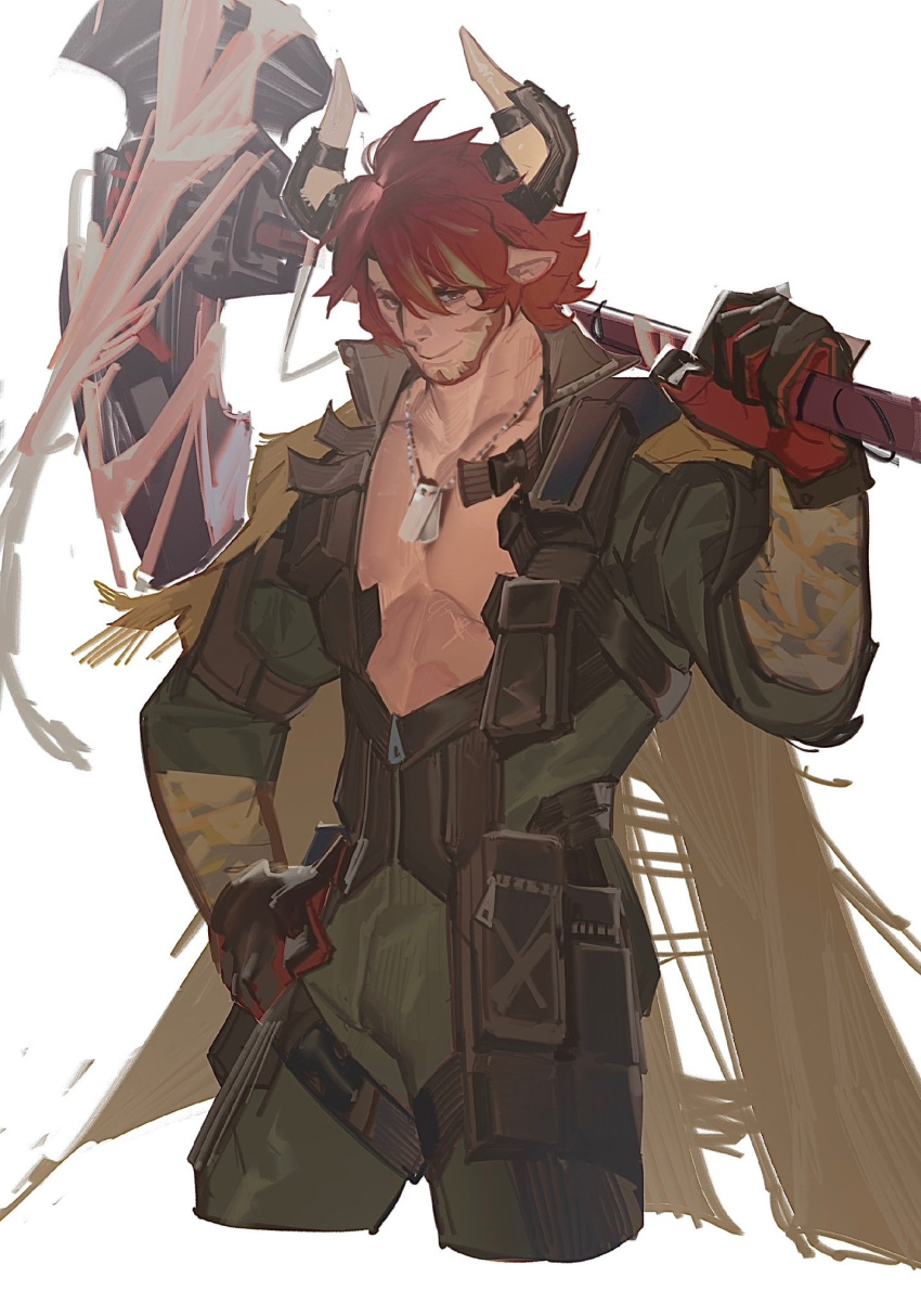 1boy animal_ears arknights bara beard character_request cow_boy cow_ears cow_horns cropped_legs dog_tags facial_hair highres horns large_pectorals male_focus mature_male multicolored_hair muscular muscular_male pectoral_cleavage pectorals red_hair short_hair solo streaked_hair thick_eyebrows yodenn_4