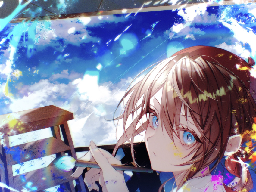 1boy beret blue_eyes blue_sky bow brown_hair closed_mouth cloud cloudy_sky collared_shirt colored_eyelashes easel edgar_valden film_grain hair_between_eyes hair_bow hat highres holding holding_paintbrush identity_v ladder looking_at_viewer low_ponytail male_focus medium_hair mosuchippu-ou paint_splatter paintbrush painting_(action) painting_(object) red_bow red_headwear shirt sky solo splatter symbol_in_eye white_shirt