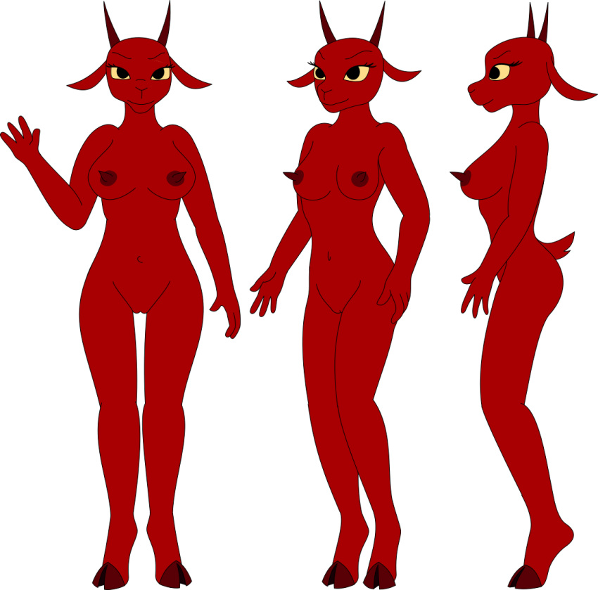 4_fingers anthro az345g black_eyes bovid breasts caprine female fingers fur genitals goat hooves horn judas_and_jesus mammal mary_magdalene nipples nude_female pointy_nipples pose pussy red_body red_fur short_tail solo tail yellow_sclera