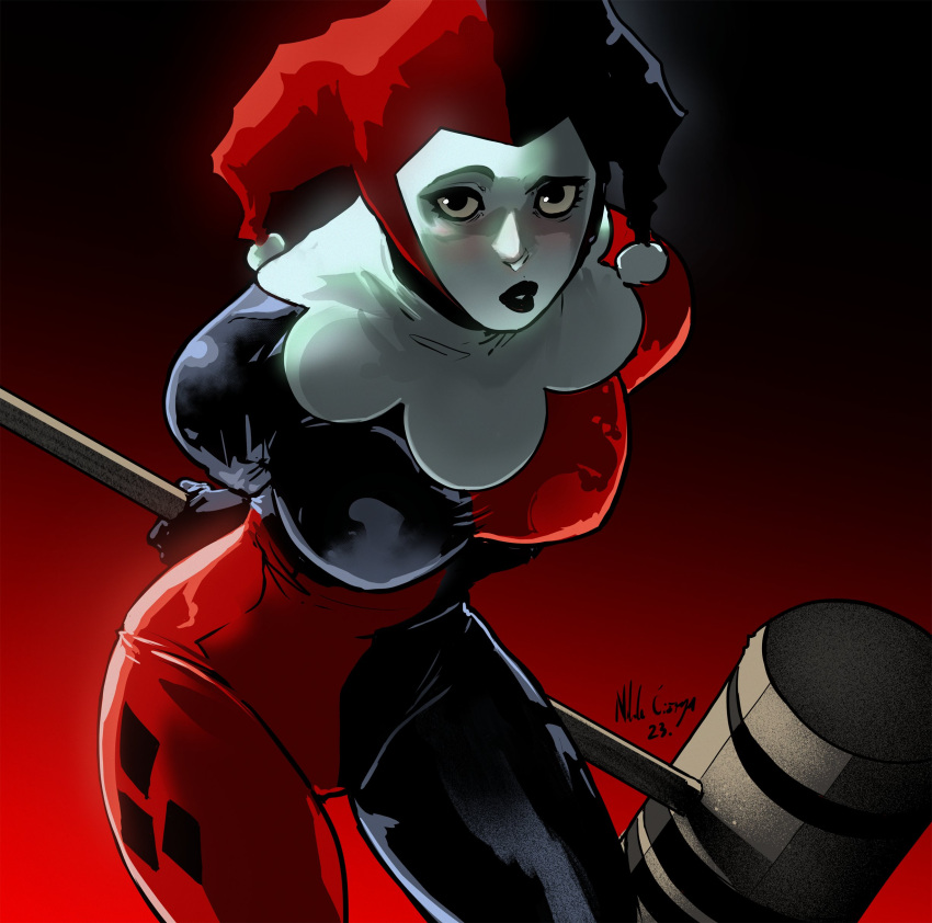 1girl absurdres batman_(series) black_lips blue_eyes bodysuit breasts dc_comics english_commentary hammer harlequin harley_quinn highres holding holding_hammer jester kjlbs large_breasts leaning_forward lipstick looking_at_viewer makeup multicolored_bodysuit multicolored_clothes skin_tight solo
