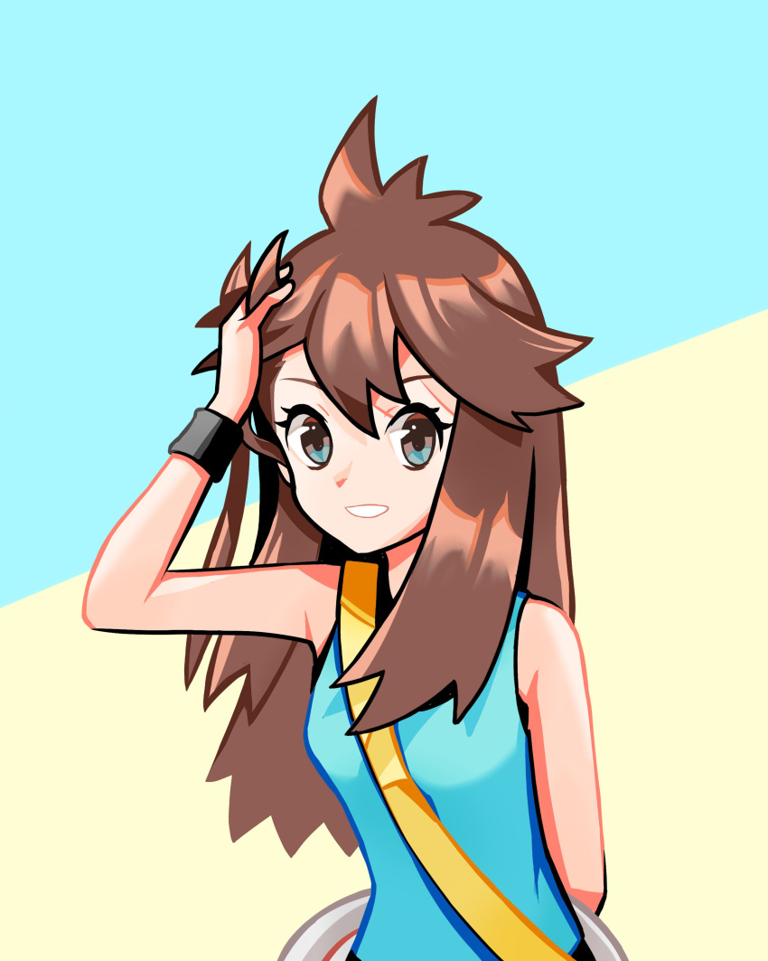 1girl absurdres arm_up black_wristband brown_eyes brown_hair commentary english_commentary eyelashes ffccll green_(pokemon) green_shirt grin highres long_hair looking_at_viewer pokemon pokemon_(game) pokemon_lgpe shirt sleeveless sleeveless_shirt smile solo strap teeth two-tone_background upper_body