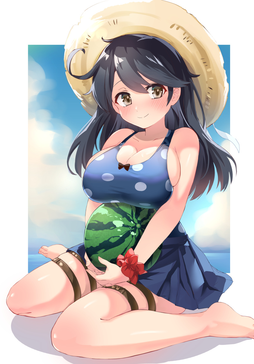 1girl absurdres barefoot black_hair blue_one-piece_swimsuit blue_skirt blush breasts brown_eyes casual_one-piece_swimsuit cleavage closed_mouth cloud commission embarrassed festa11307070 food fruit hat highres kantai_collection large_breasts long_hair looking_at_viewer one-piece_swimsuit open_mouth outdoors pleated_skirt polka_dot polka_dot_swimsuit scrunchie sitting skeb_commission skirt sky smile solo straw_hat swimsuit thigh_strap tight_clothes toes ushio_(kancolle) wariza watermelon wavy_mouth wrist_scrunchie